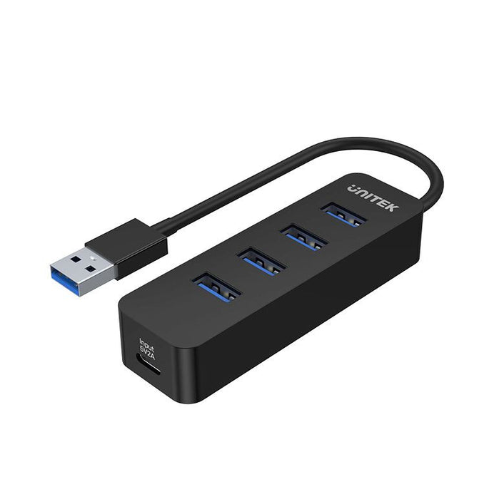 UNITEK USB 3.0 4-Port Hub with USB-A Connector Cable. Includes 4x USB-A Ports, 1x USB-C Power Port 5V 2A. Data Transfer Rate up to 5Gbps. Plug & Play. Black Colour.