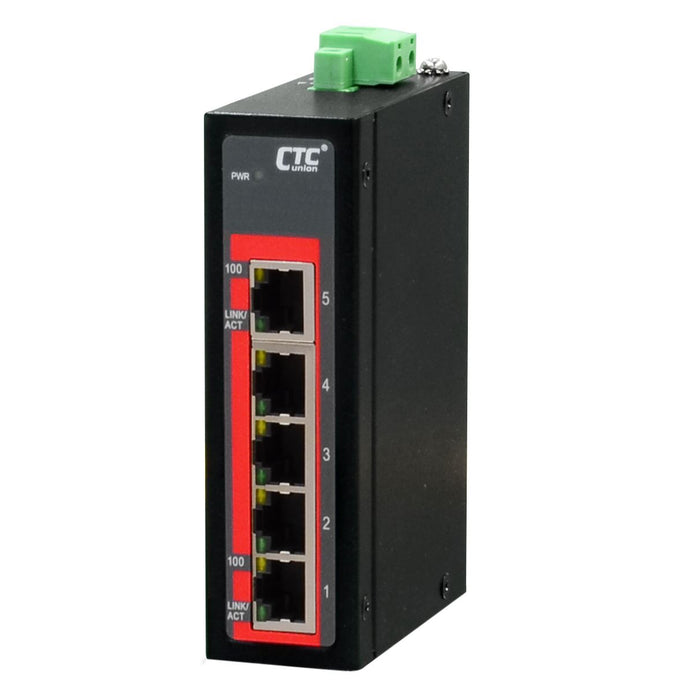 CTC UNION 5 Port Fast Ethernet Unmanaged Switch.-10C~60C. 5x 10/100BaseT(X).  Compact size. Power consumption V DC/W: 12/0.9, 24/1.2 & 48/2. Dinmount kit included.