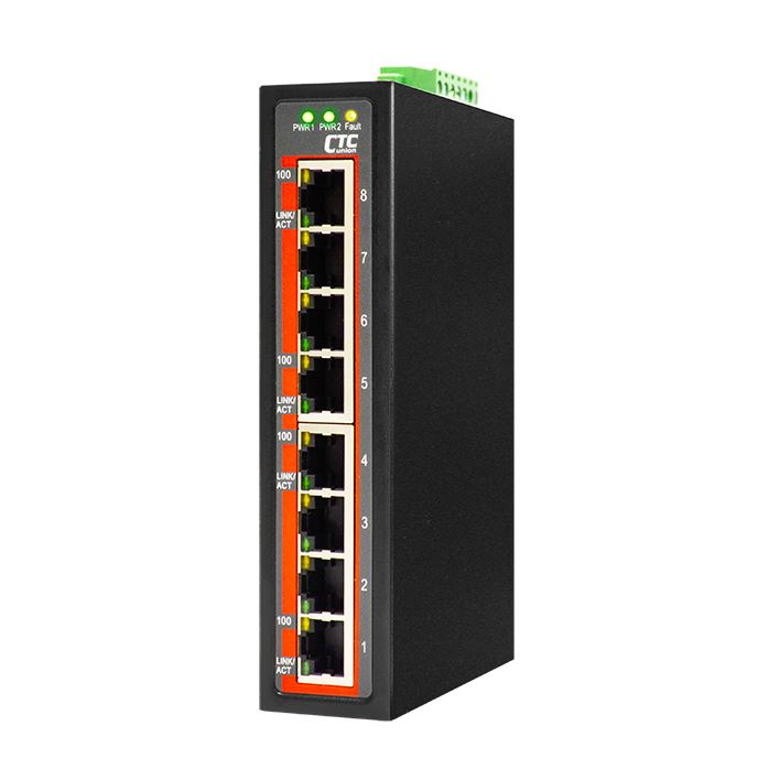 CTC UNION 8 Port Fast Ethernet Unmanaged Switch.-10C~60C. 8x 10/100BaseT(X). Power consumption 12/24/48V DC/3.9W. Din-kit incl.