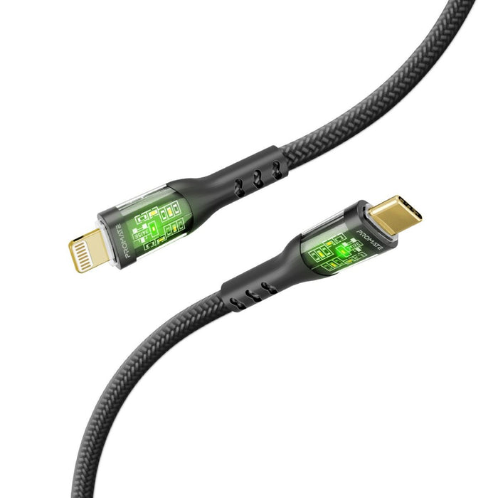 PROMATE 1.2m USB-C to Lightning Cable with Transparent Connectors & LED''s. Supports 27W PD. 25000+ Bend Lifespan. Supports Data & Charge. Gold Plated Connectors. Durable Nylon Braided Cable. Black Colour.