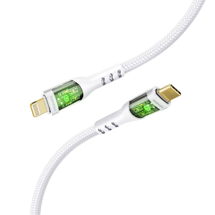 PROMATE 1.2m USB-C to Lightning Cable with Transparent Connectors & LED''s. Supports 27W PD. 25000+ Bend Lifespan. Supports Data & Charge. Gold Plated Connectors. Durable Nylon Braided Cable. White Colour.