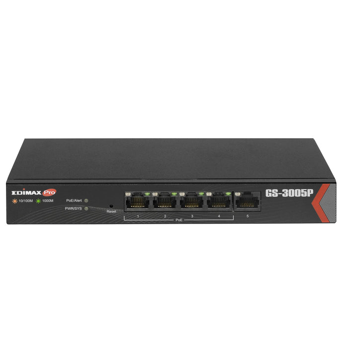 EDIMAX 5 Port Gigabit Web Managed Switch with 4 PoE+ Ports. Power Budget: 72W. Designed for SOHO networks. Delivery Distance of up to 200m. Auto-detect powered devices.