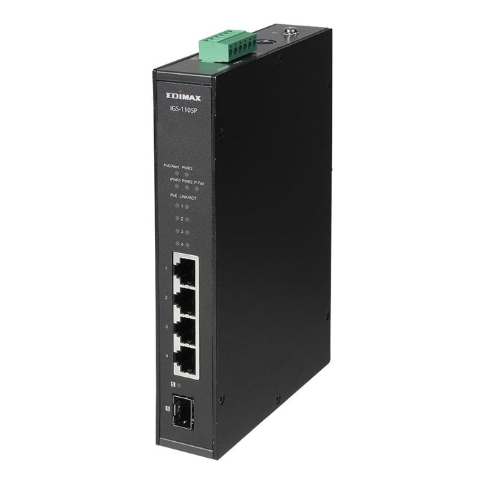 EDIMAX Industrial 5-Port Gigabit PoE+ DIN Rail Switch. 4 x Gigabit Ethernet Ports, 1 SFP Uplink Port. PoE up to 200m @10Mps. QoS 802.1p for Video & Voice Traffic Priority Inputs, Surge Protection, IP30