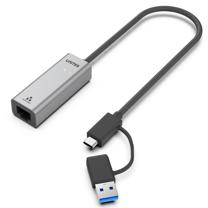 UNITEK USB to Gig Ethernet Adapter with 2-in-1 Connectors (USB-C & USB-A). Supports up to 5Gbps, Supports IEEE 802.3, Aluminium Alloy Housing, 30cm Cable, Space Grey Colour.