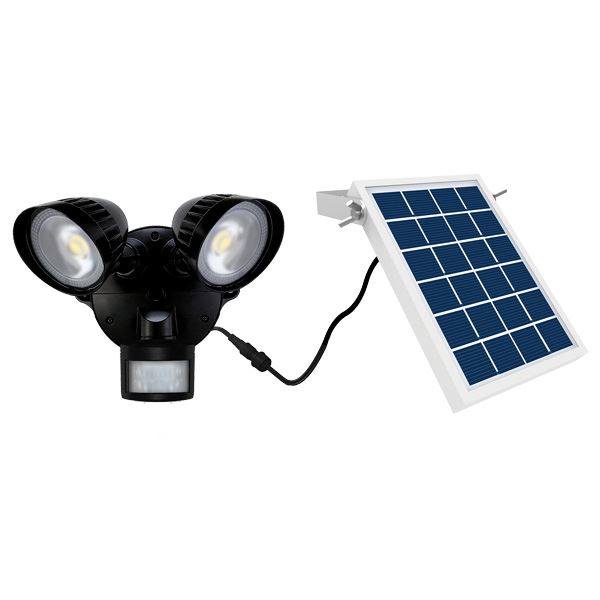 HOUSEWATCH 8W Twin 2x Spotlights with Motion Sensor & Solar Panel. IP54. Passive IR. 6000mAh Battery. 12m Detection Range & 140 Degree Angle. 2000 Lumens.  Timing & Lux Adjustments. Black Colour.