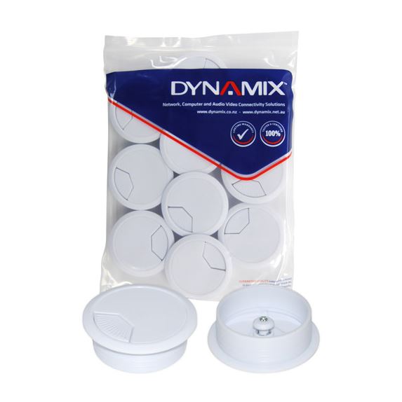 DYNAMIX 80mm Round Desk Grommet. Easily & Neatly Store your Power, Communication, Audio, Video, Computer & Data Cables. Perfect for Installation in Desks, Workstations etc. White Colour. 10 Pack.