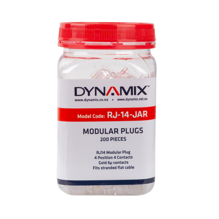 DYNAMIX RJ14 Plug 200pc Jar, 4P4C Modular Plug. 6 micron.