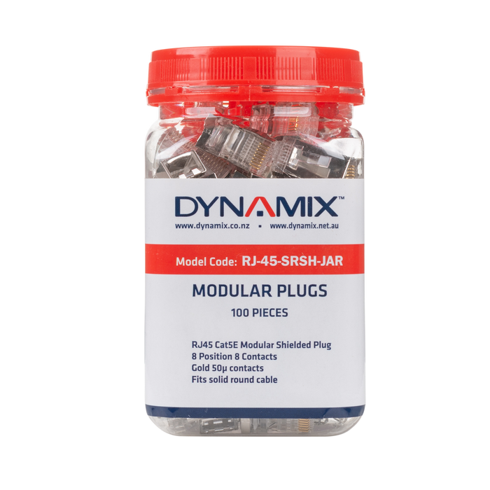 DYNAMIX RJ45 100pc Jar, 8P8C Shielded Modular Plug. 50 Micron. Compatible with Stranded and Solid Cable.
