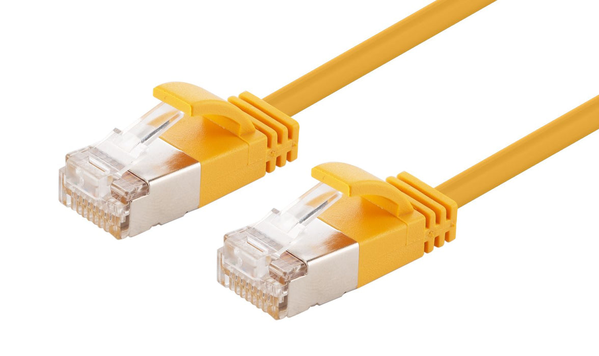 DYNAMIX 2m Cat6A S/FTP Yellow Ultra-Slim Shielded 10G Patch Lead (34AWG) with RJ45 Gold Plated Connectors. LSZH Outer Jacket. Supports PoE IEEE 802.3af (15.4W).