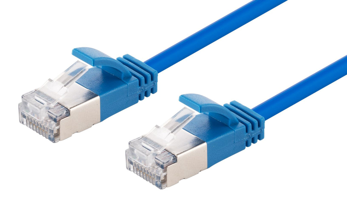 DYNAMIX 1m Cat6A S/FTP Blue Ultra-Slim Shielded 10G Patch Lead (34AWG) with RJ45 Gold Plated Connectors. LSZH Outer Jacket. Supports PoE IEEE 802.3af (15.4W).