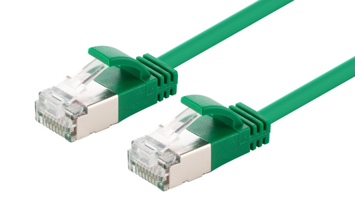 DYNAMIX 2m Cat6A S/FTP Green Ultra-Slim Shielded 10G Patch Lead (34AWG) with RJ45 Gold Plated Connectors. LSZH Outer Jacket. Supports PoE IEEE 802.3af (15.4W).