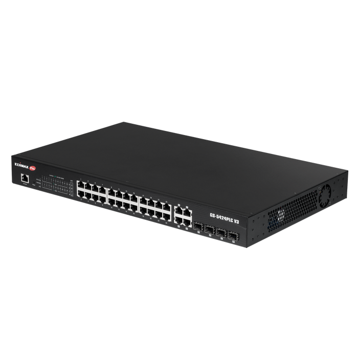 EDIMAX 28 Port Surveillance Long Range Gigabit PoE+ Web Smart Switch with 2 Gigabit RJ45 & 2 SFP Ports. Max Power Budget 400W. Supports PoE up to 200m. IEEE 802.3af/at PoE Compliant. IP Surveillance VLAN