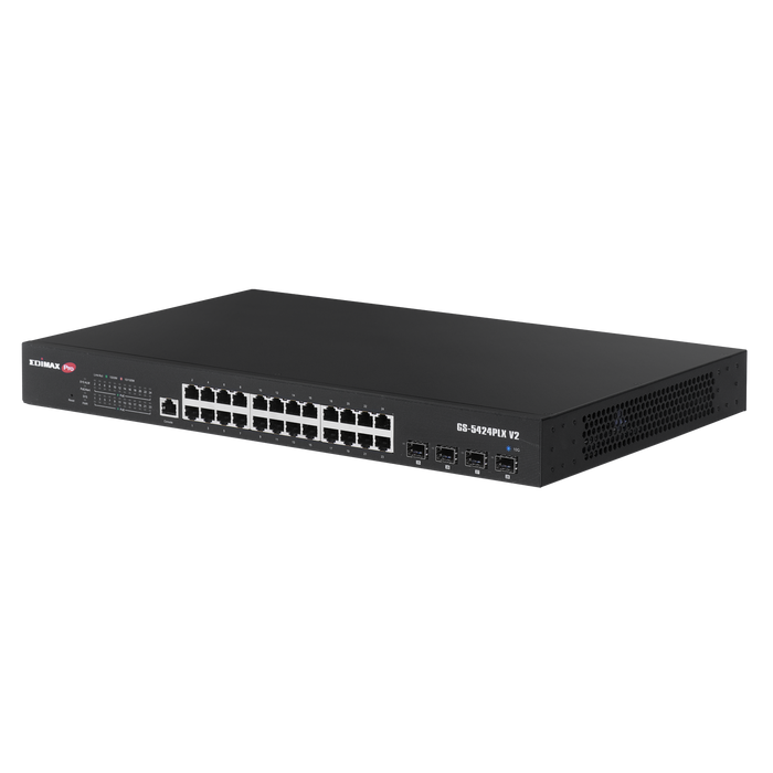 EDIMAX 24 Port Gigabit PoE+ Web Smart Surveillance Switch with 4 Port 10GbE SFP+ Uplinks. Supports up to 30W Per PoE Port (Total Power Budget: 400W) Long Range up to 200m at 10Mbps.