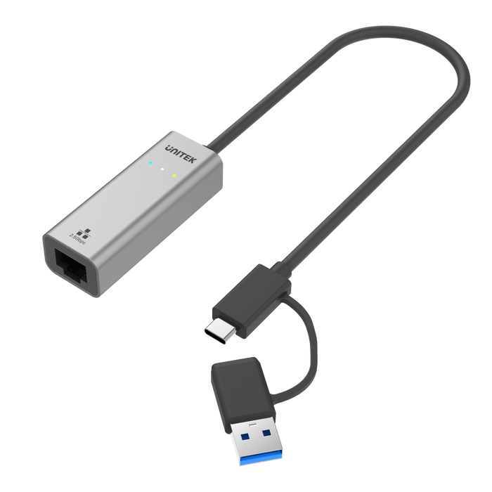 UNITEK USB to 2.5G Ethernet Adapter with 2-in-1 Connectors (USB-C & USB-A). Supports up to 2500Mbps, Supports IEEE 802.3, Aluminium Alloy Housing, 30cm Cable, Space Grey Colour.