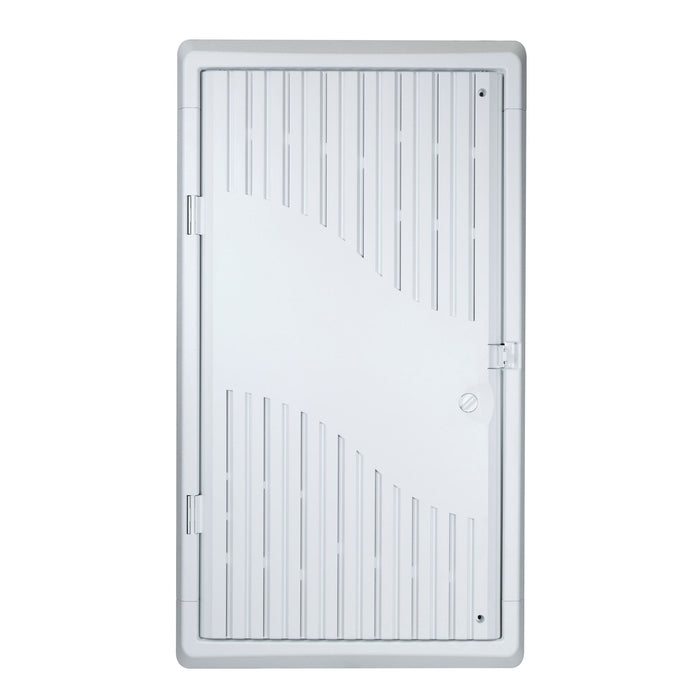 DYNAMIX 28'' Recessed Plastic Network Enclosure, WiFi Ready, Slim Vented Lid, Dual GPO and Cable Entry Knock Outs.