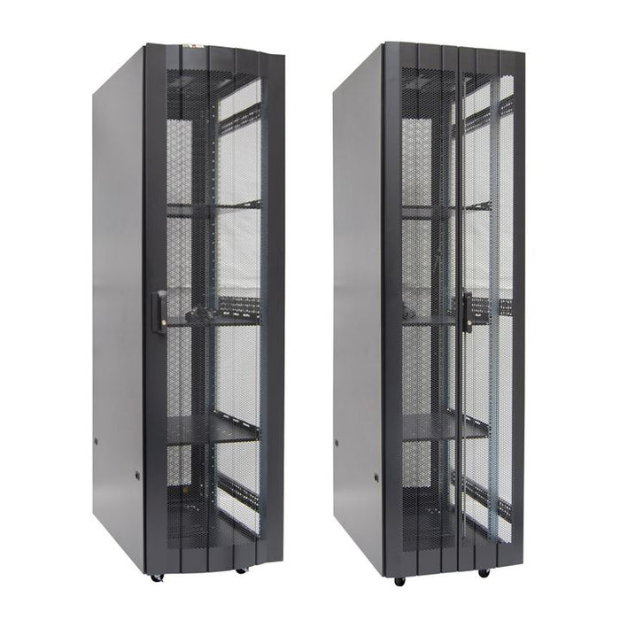 DYNAMIX 42RU Server Cabinet 1000mm Deep (600 x 1000 x 2081mm) Includes 3x fixed shelves, 4x fans, 25x cage nuts 4x castors, 4x levelling feet Single front & bifold rear mesh doors. 6-Way PDU installed. Black