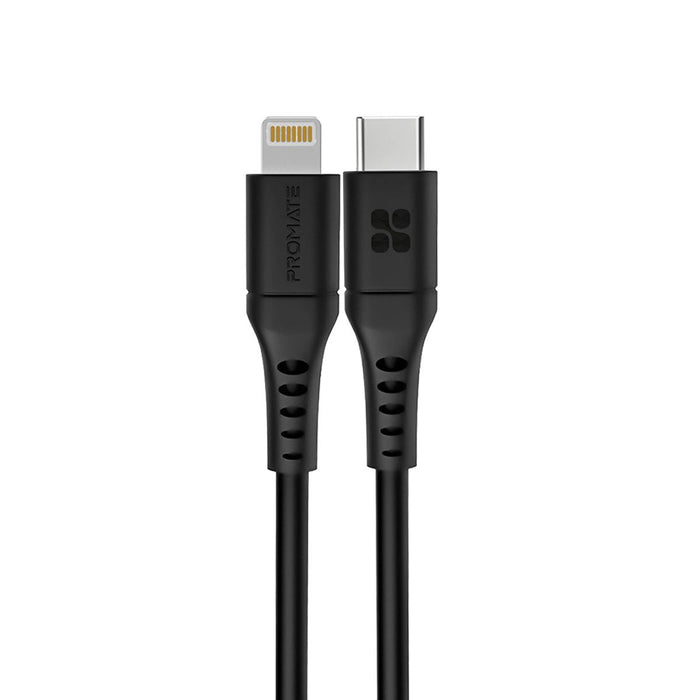 PROMATE 1.2m 20W PD USB-C to Lightning Charge & Sync Cable. For Apple iPhone, iPad, & iPad Mini. Soft Touch Silicone. Anti Snap Tangle Free Design. Black. *Not MFI Certified*