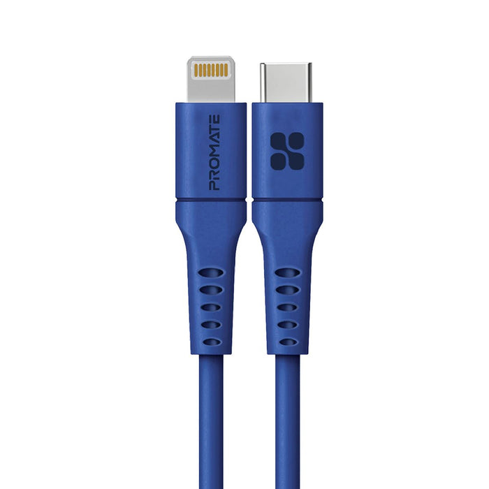 PROMATE 1.2m 20W PD USB-C to Lightning Charge & Sync Cable. For Apple iPhone, iPad, & iPad Mini. Soft Touch Silicone. Anti Snap Tangle Free Design. Blue *Not MFI Certified*