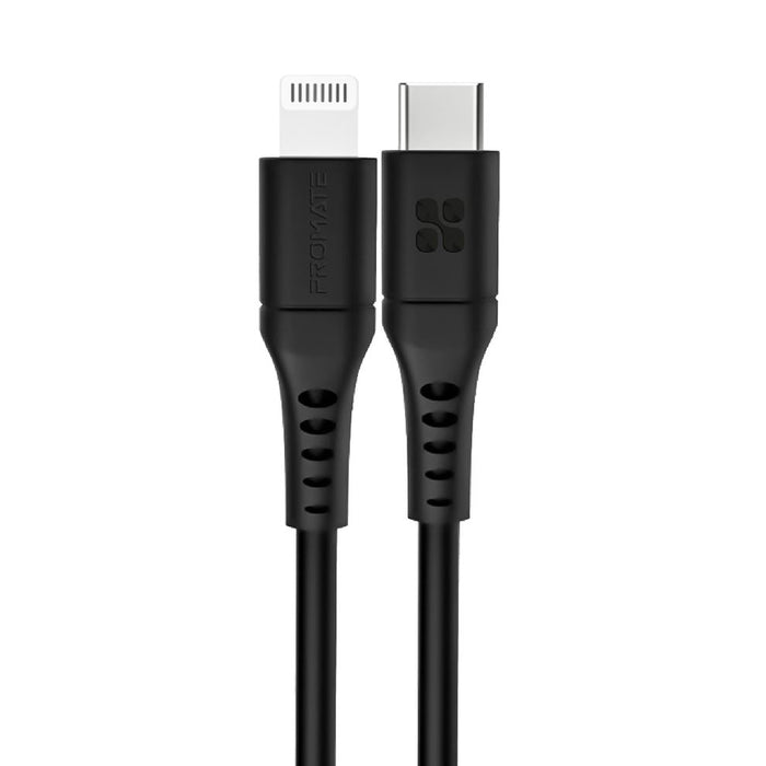 PROMATE 3m 20W PD USB-C to Lightning Charge & Sync Cable. For Apple iPhone, iPad, & iPad Mini. Soft Touch Silicone. Anti Snap Tangle Free Design. Black. *Not MFI Certified*