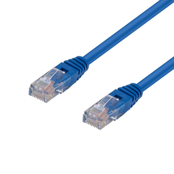 DYNAMIX 20m Cat5e Blue UTP Patch Lead (T568A Specification) 100MHz 24AWG Slimline Moulding & Latch Down Plug with RJ45 Unshielded Gold Plated Connectors.