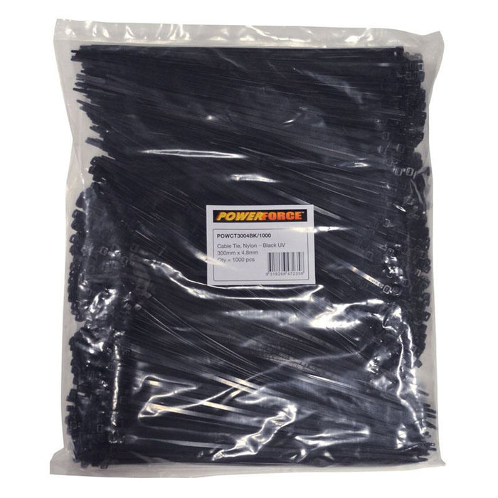 POWERFORCE Cable Tie Black UV 300mm x 4.8mm Weather Resistant Nylon. Pack of 1000. Made from U.L. Approved Nylon 6/6 with Flamability Rating of UL 94V-2.