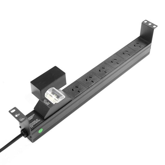 DYNAMIX 6 Outlet 1RU Horizontal Power Rail (10A) with 6kA C-Curve MCB Circuit Breaker, on/off switch & 50mm Recessed Brackets with 10A 3 Pin Plug. Colour Black