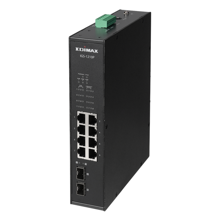 EDIMAX Industrial 10-Port Gigabit PoE+ DIN Rail Switch. 8 x Gigabit Ethernet Ports, 2 SFP Uplink Port. PoE up to 200m at 10Mps. QoS 802.1p for Video & Voice Traffic Priority. Supports up to 30W per port. IP30.