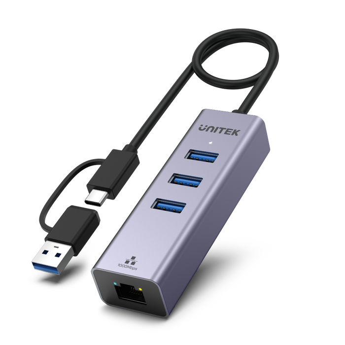 UNITEK 4-in-1 USB Multi-port Hub with 2-in-1 Connectors (USB-C & USB-A). Includes 3x USB-A 3.0 Ports, 1x Gigabit Ethernet RJ45 Port, Plug & Play. AluminiumIn Alloy Housing. Space Grey Colour.