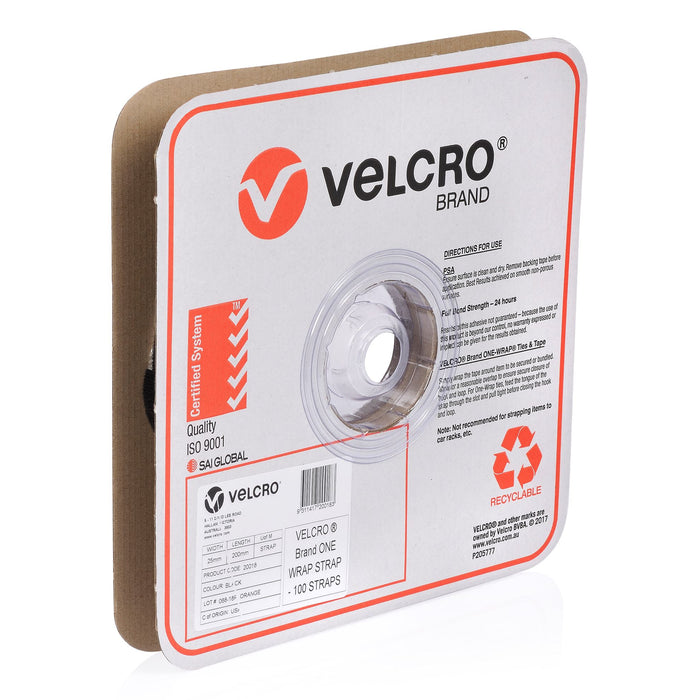 VELCRO One-Wrap 25mm x 200mm Pre-sized Ties. 100 Ties per Roll. Integrated Hook & Loop. Easy Adjustable & Strong. Re-usable. Easy Cable Management. Black Colour