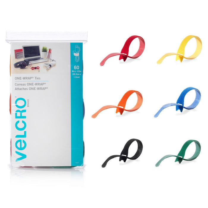 VELCRO One-Wrap 203mm x 12mm Multicolour Pre-Cut Cable Ties. 60 Piece Pack (10 Ties Per Colour) Red, Yellow, Orange, Blue, Black, Green. Self Gripping Super-strong with Easy-to-undo Design.