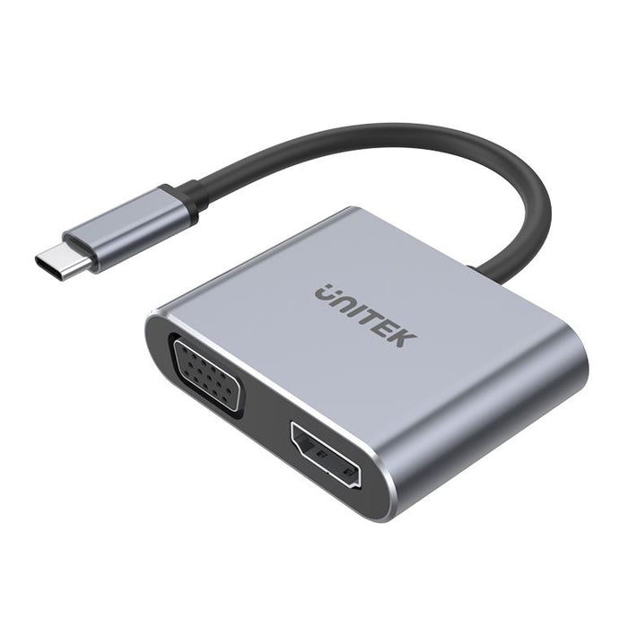 UNITEK USB-C to HDMI 2.0 & VGA Adapter with MST Dual Monitor Support. 4K@60Hz UHD HDMI. Full HD VGA. Aluminium-Alloy Housing. 10cm Cable. Plug & Play. Space Grey Colour.