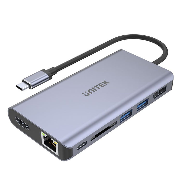 UNITEK 7-in-1 USB 3.1 Multi-Port Hub with USB-C Connector. Includes 1x HDMI Port, 1x DisplayPort, 2x USB-A Ports, 1x RJ45 Gig Port, 1x Card Reader & USB-C PD 100W.  Space Grey Colour.