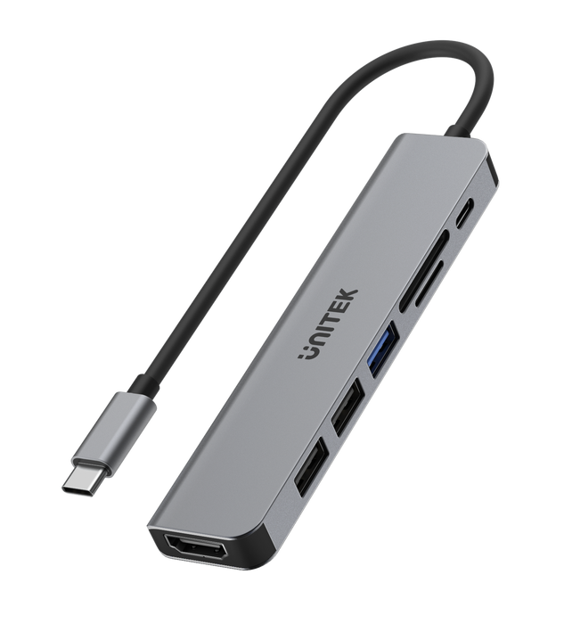 UNITEK 7-in-1 Multi-Port Hub with USB-C Connector. Includes 3x USB-A Ports, 1x HDMI, SD & MicroSD Slots, USB-C Charging Port with 100W PD. 5Gbps SuperSpeed Data-Sync. Space Grey Colour.