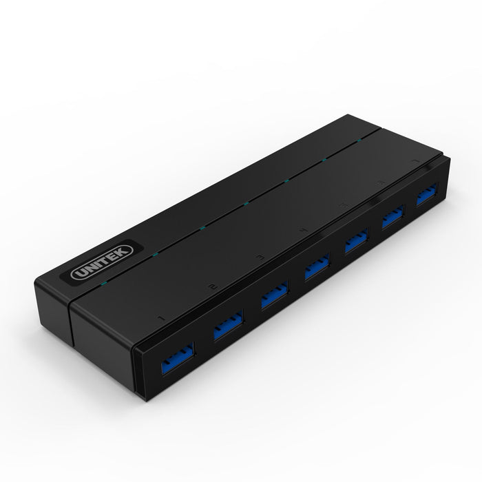 UNITEK USB 3.0 7-Port Hub with 1.5A Charging Per Port. Super Speed Data Transfer up to 5Gbps. LED Indicator. Black Colour.