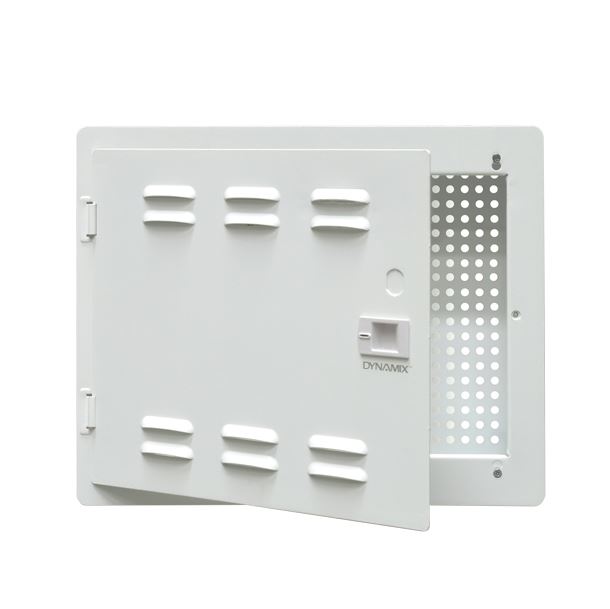 DYNAMIX 14'' Network Enclosure Recessed Wall Mount, Vented Lid, Cable/GPO Knock outs. Installs: 400 mm Centre Stud. Cut out OD: 355x 276 x 90mm. Incl. Installation Accessories, Earth Kit