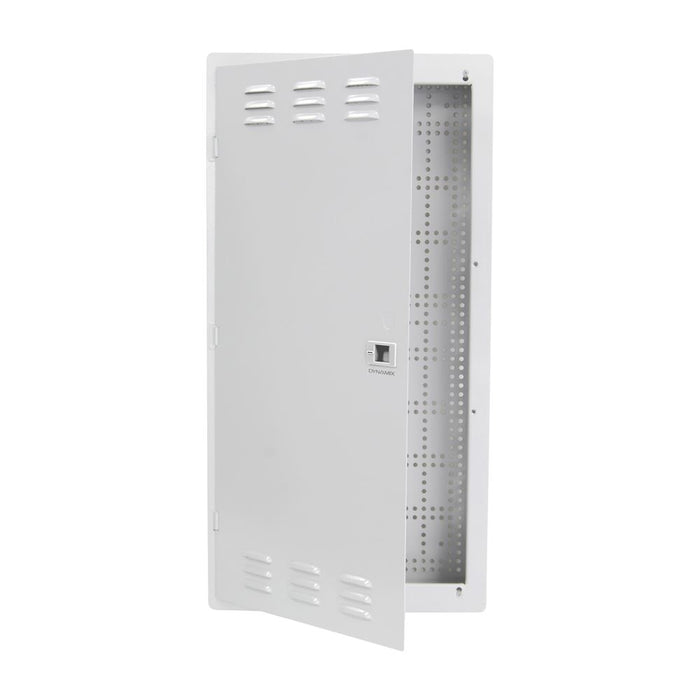 DYNAMIX 28'' FTTH Network Enclosure Recessed Wall Mount with Vented Lid Cable & Dual GPO Knock outs. Installs: 400mm Centre Stud. Cut out OD: 355 x 725 x 90mm. Incl. Installation Accessories, Earth Kit