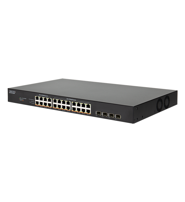 EDGECORE 24 Port Lite L2 Smart Gigabit Web Managed PoE Switch with 24 PoE Ports (90W) and 4 SFP Ports. 480W Power Budget. 6KV Power Surge Protection. Fan-Cooled Design.