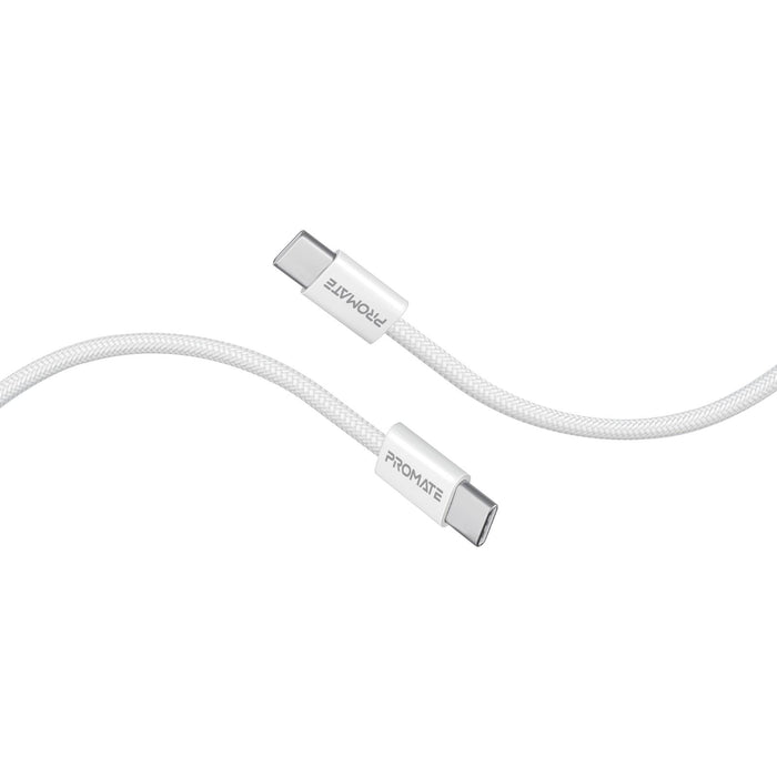 PROMATE 2m USB-C to USB-C Cable with Fabric Braided Cable. Supports 60W PD. 25000+ Bend Lifespan. Supports Data & Charge. Super Slim Connectors. White Colour