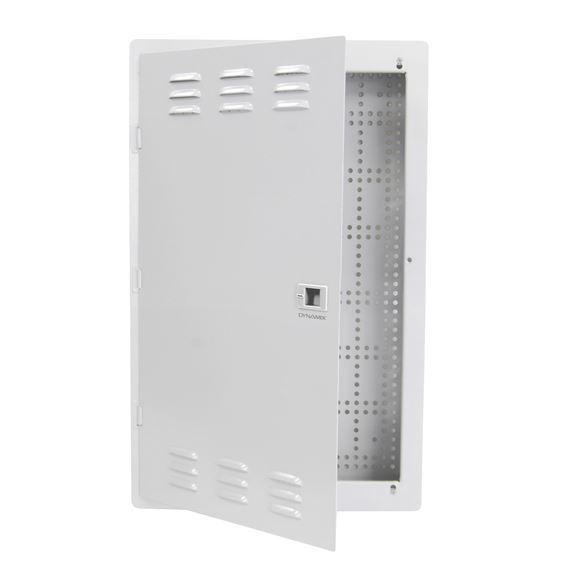 DYNAMIX 20'' Network Enclosure, Recessed Wall Mount, Vented Lid, Cable/Dual GPO Knock outs. Installs: 400mm Centre Stud. Cut out OD: 355 x 525 x 90mm. Incl. Installation Accessories, Earth Kit