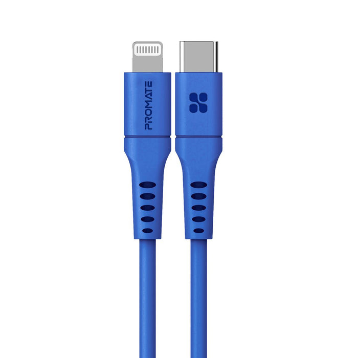 PROMATE 2m 20W PD USB-C to Lightning Charge & Sync Cable. For Apple iPhone, iPad, & iPad Mini. Soft Touch Silicone. Anti Snap Tangle Free Design. Blue *Not MFI Certified*