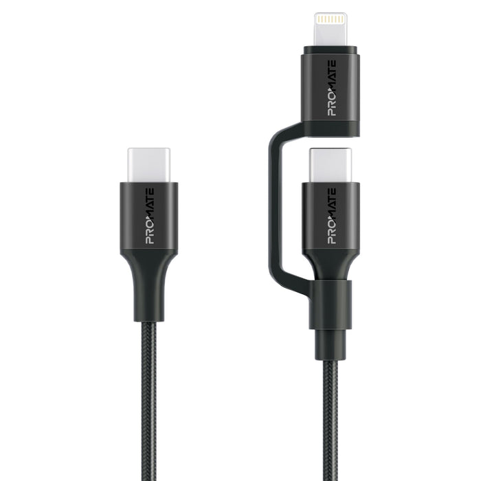 PROMATE 1.2m 60w MFi Certified 3-in-1 USB-C Sync & Charge Cable. Includes 1x USB-C and 1x Lightning Connectors. USB-C to Lightning 27w, USB-C to USB-C 60w, Black Colour