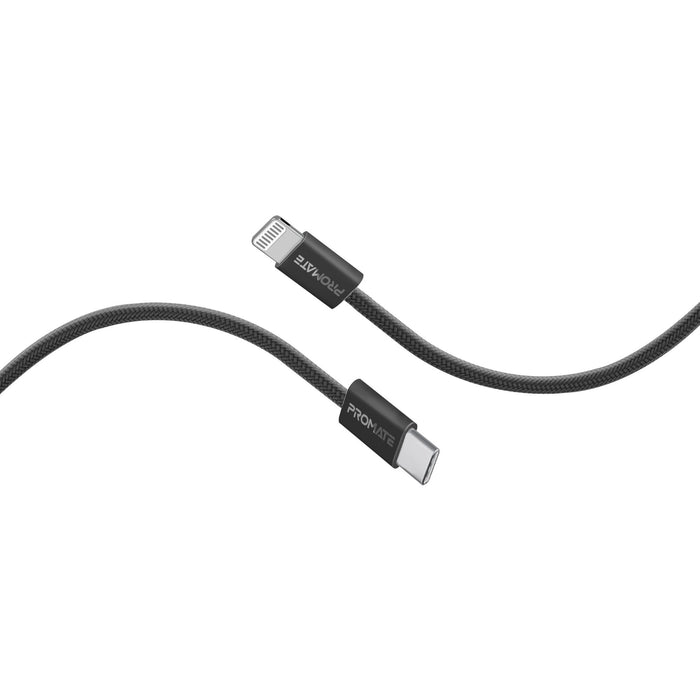 PROMATE 1.2m 27W PD USB-C to Lightning Connector Cable. Fabric Braided Cable, 25000 Bend Lifespan, Black Colour