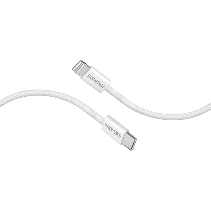 PROMATE 1.2m 27W PD USB-C to Lightning Connector Cable. Fabric Braided Cable, 25000 Bend Lifespan, White Colour