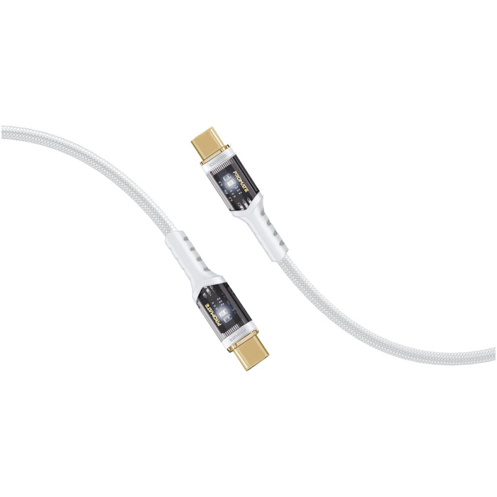 PROMATE 2m USB-C to USB-C Ultra-Fast 100W PD Cable with Transparent Connectors. Supports Data & Charge, LED Light, Gold Plated Connectors, Supports Transfer Rate 480Mbps. White Colour