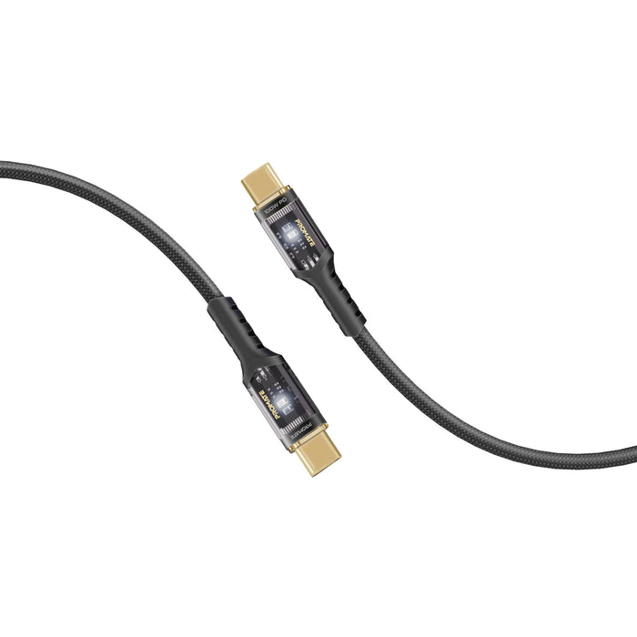 PROMATE 2m USB-C to USB-C Ultra-Fast 100W PD Cable with Transparent Connectors. Supports Data & Charge, LED Light, Gold Plated Connectors, Supports Transfer Rate 480Mbps. Black Colour