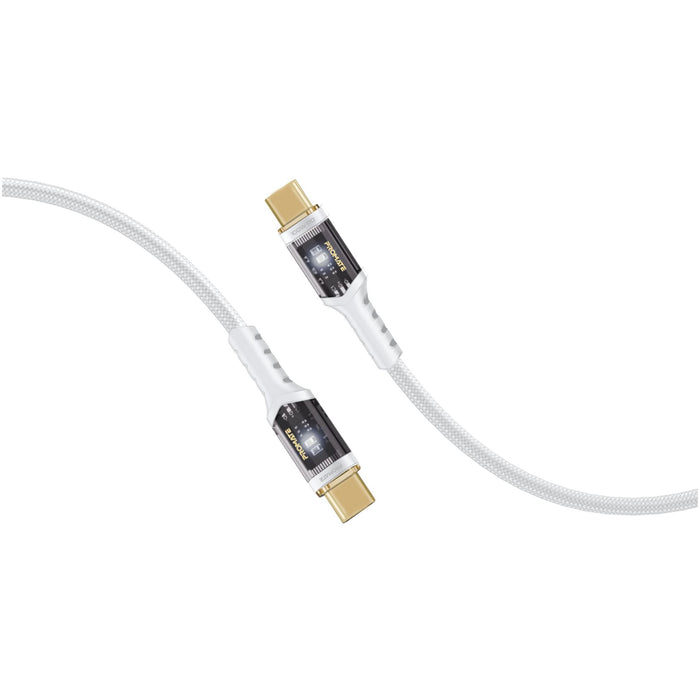 PROMATE 1.2m USB-C to USB-C Ultra-Fast 100W PD Cable with Transparent Connectors. Supports Data & Charge, LED Light, Gold Plated Connectors, Supports Transfer Rate 480Mbps. White Colour