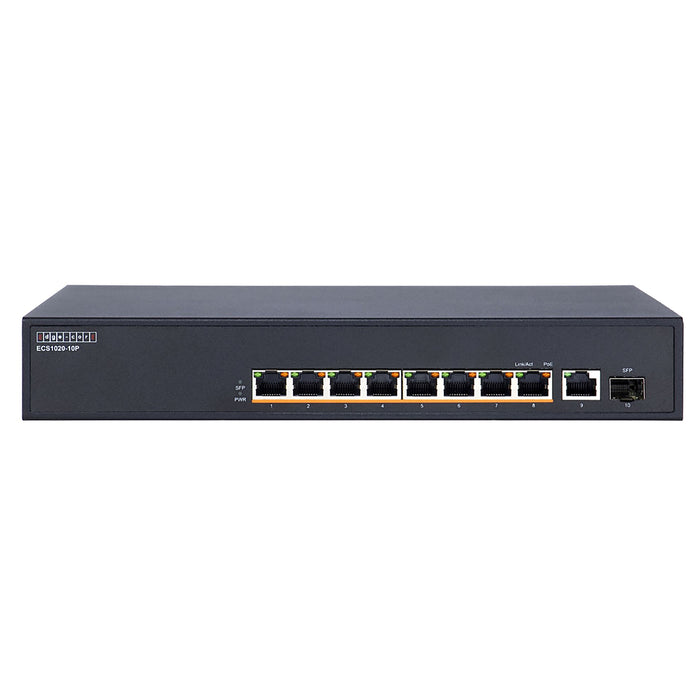EDGECORE 10 Port Gigabit Unmanaged (1x SFP & 8xPoE) PoE Switch. Power Budget: 140W. Jumbo Frame and Auto MDI/MDIX. Includes Rackmounting Ears