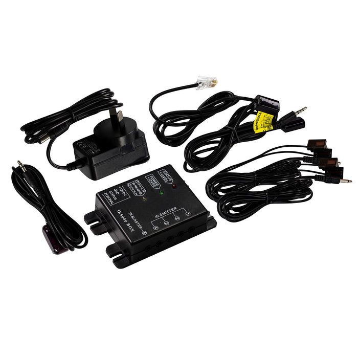DYNAMIX 4-2 Hidden IR Distribution System. Kit includes 1x IR Box with RJ45 Port, 1x 1M RJ45 IR Receiver, 1x 2M IR Receiver, 2x Dual IR Emitter, 1x Power Adapter.