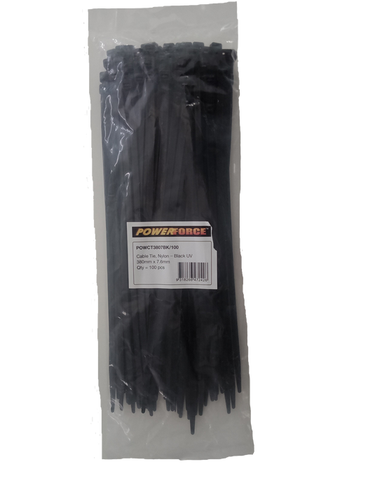 POWERFORCE Cable Tie Black UV 380mm x 7.6mm Weather Resistant Nylon. Pack of 100. Made from U.L. Approved Nylon 6/6 with Flamability Rating of UL 94V-2. CLEARANCE SALE SAVE UP TO 35%