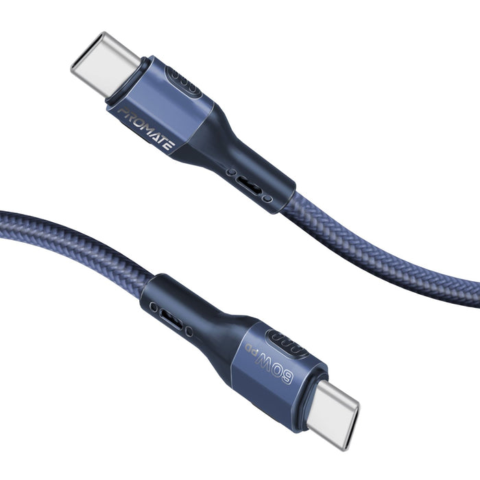 PROMATE 1.2m 60W PD USB-C to USB-C Tough-Built Cable. Supports up to 480Mbps, Super Slim Connectors, Tangle Free Soft Silicone. Blue